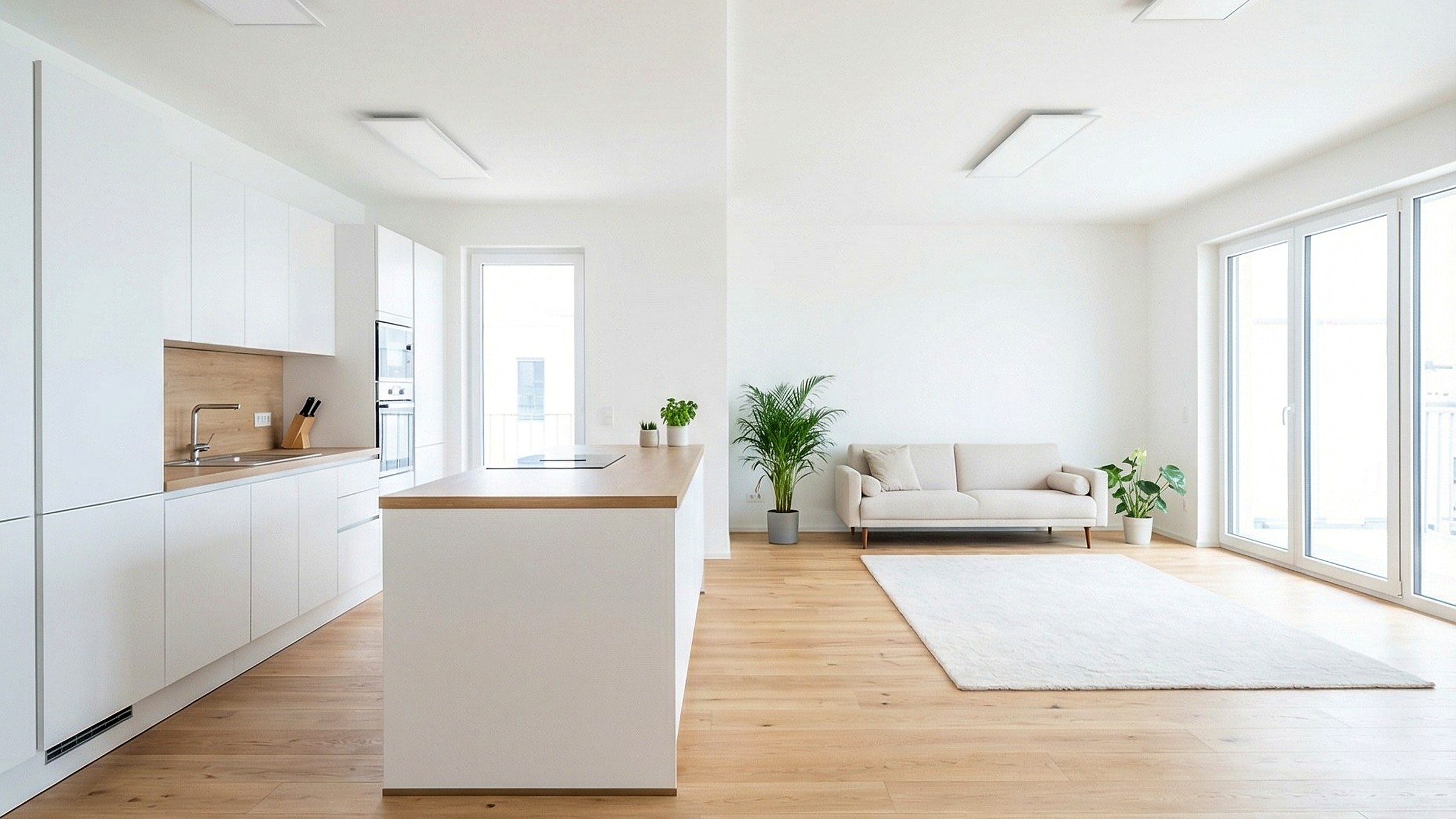 Komplett renovierter Wohnbereich mit Küche, Eichenboden und hellen Wänden von Bauvia Concept