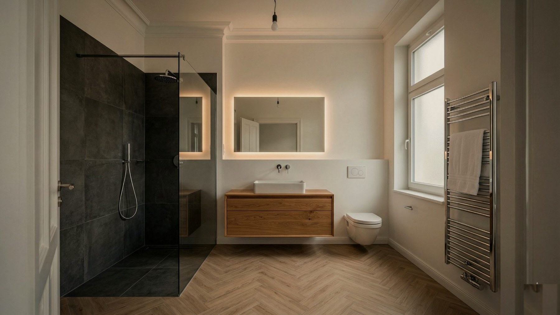 Badsanierung in Stein mit dunkler Walk-in-Dusche, Holzoptik und indirekter Beleuchtung